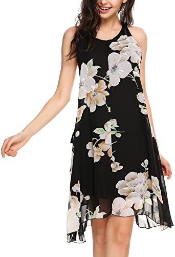 Zeagoo Women Casual V-Neck Sleeveless Prints Chiffon Dress with Lining