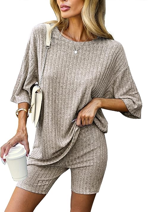 Ekouaer Pajamas 2 Piece Lounge Sets Ribbed Knit Matching Outfits T-Shirt Biker Shorts Sleepwear Loungewear Sweatsuits