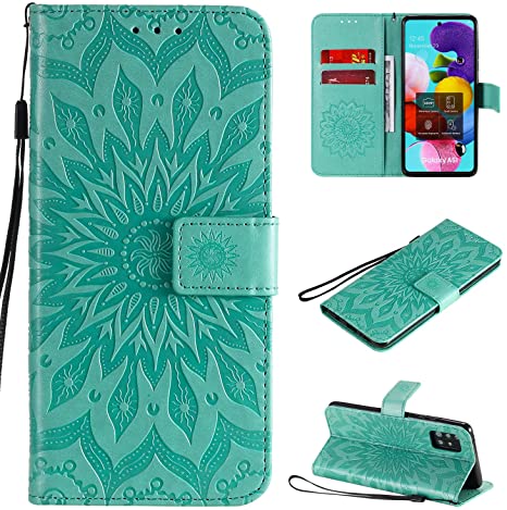 for Samsung A32 5G Case,Galaxy A32 5G Wallet case,PU Leather Case Sun Flower Pattern Embossed Purse Kickstand Flip Cover Card Holders Hand Strap for Samsung Galaxy A32 5G Green