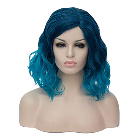 BUFASHION Short Bob Ombre Blue Wavy Glueless Synthetic Hair Wig Heat Resistant Middle Parting