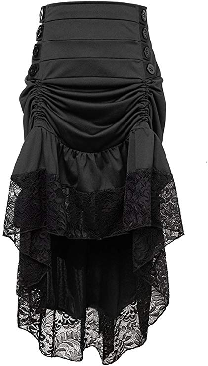 Charmian Women's Steampunk Victorian Gothic Lace Trim Ruffled High Low Skirt