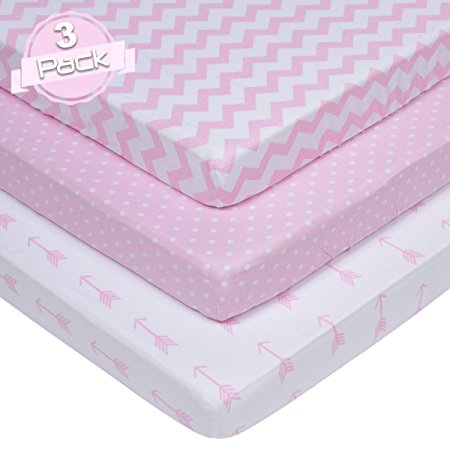 BaeBae Goods Jersey Cotton Fitted Pack n Play Playard Portable Crib Sheets Set | Pink and White | 150 GSM | 100% Cotton | 3 Pack