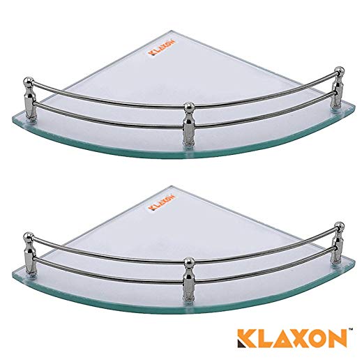 Klaxon Corner Glass Shelf Set - Bathroom Corner Shelves - 9 inch (Glossy, 2PCs)