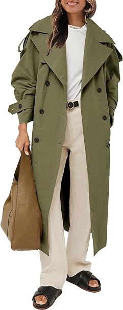 Farktop Womens Oversized Long Trench Coat Double Breasted Lapel Windproof Overcoat with Belt