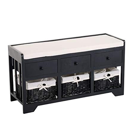 HOMCOM 3-Drawer 3-Basket Padded Storage Bench - Black/Beige