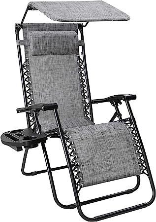 Flamaker Zero Gravity Chair with Canopy Outdoor Lounge Chair Folding Patio Recliners Adjustable Lawn Lounge Chair with Pillow for Poolside, Yard and Camping (Grey)