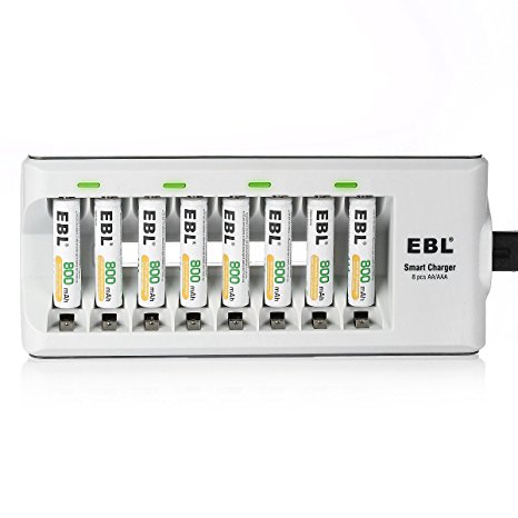 EBL AA AAA Fast Charge Battery Charger with 8 Counts AAA 800 mAh Ni-MH Rechargeable Batteries with Battery Cases