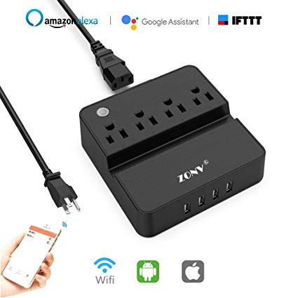 Smart Power Strip WiFi Plug Outlet Wireless Socket Surge Protector Compatible with Alexa Google Assistant IFTTT,4 AC Outlets and 4 USB Ports,Remote Voice Control,Timing Function,Phone Stand by ZONV