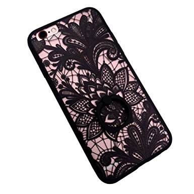 Ring Stent iPhone 6plus/6s plus Case Soft Rubber Tronsnic 3D Embossed Lace Flower Relief Pattern Acrylic Cover 360 Rotating Secure Grip/kickstand Shockproof (Blcak for iPhone 6plus/6splus 5.5'')