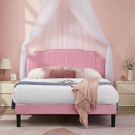 VECELO Pink Queen Size Bed Frame Upholstered Platform with Tufted Adjustable Headboard/Mattress Foundation with Wood Slat Support, Easy Assembly,for Kids