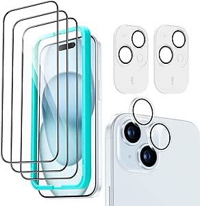 ESR for iPhone 15 Screen Protector Set, 3 Tempered-Glass Screen Protectors and 2 Set Individual Lens Protectors, 2.5D Curved Edges, Full-Coverage Military-Grade Protection, Scratch Resistant