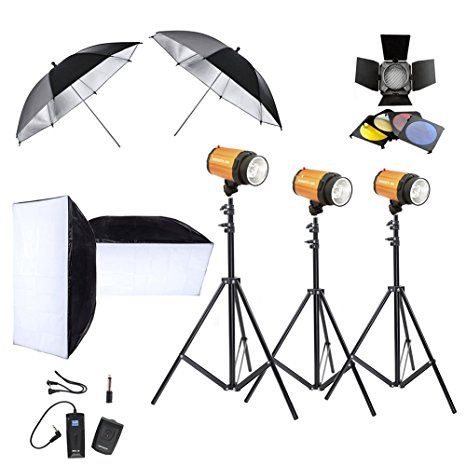 Neewer Photography Photo Studio Lighting Kit 900W - (3) 300W Smart Studio Flash Strobe Lights, (3) 190CM Light Stands, Black Silver 33" Umbrellas, 50x70cm Soft Box, RT-16 Wireless Trigger & Receiver Set, Barn Door Small with 4 Color Honeycomb Grid & Gel