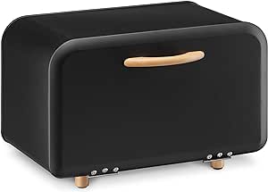 Navaris Bread Box - Metal Bread Bin Storage Tin with Front Opening Drop Down Door for Kitchen Counter or Shelf - Breadbox Storage Container - Black