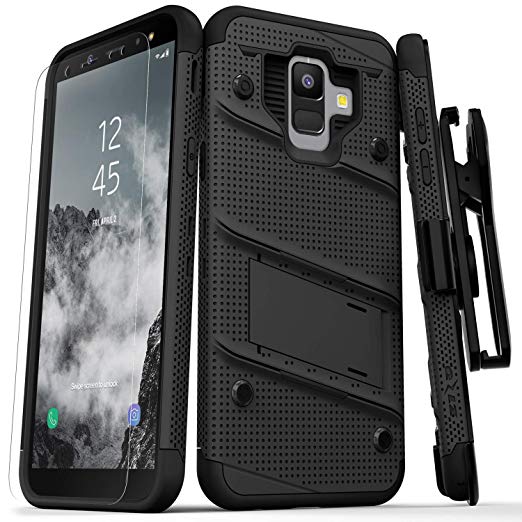 Zizo Bolt Series Compatible with Samsung Galaxy A6 case Military Grade Drop Tested with Tempered Glass Screen Protector, Holster, Kickstand Black