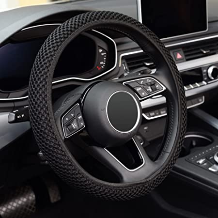 KAFEEK Steering Wheel Cover,Warm in Winter and Cool in Summer, Universal 15 inch, Microfiber Breathable Ice Silk, Anti-Slip, Odorless, Easy Carry,Black