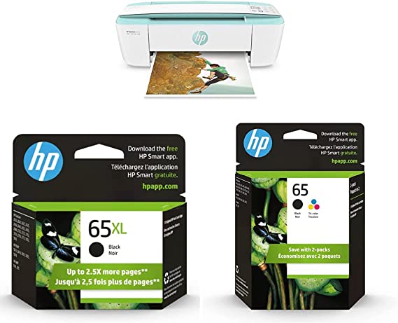 HP DeskJet 3755 Compact All-in-One Wireless Printer (J9V92A) & 65XL Black High-Yield Ink Cartridge | N9K04AN & 65 Black/Tri-Color Ink Cartridges (2-Pack) | T0A36AN