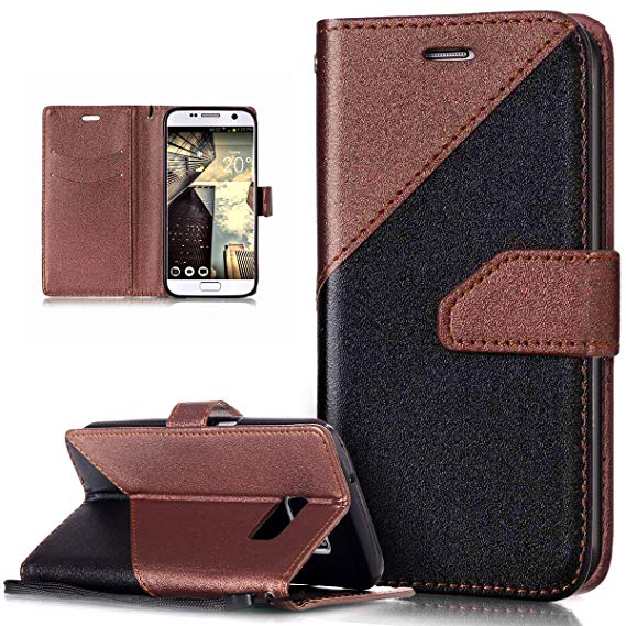 Galaxy S7 Case,Galaxy S7 Cover,ikasus Hit Color Collision Premium PU Leather Fold Wallet Pouch Flip Case Cover Bookstyle Card Slots & Stand Protective Case Cover for Samsung Galaxy S7,Brown