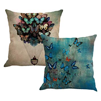 Foozoup Blue Printed Butterfly Throw Pillow Cases Cushion Cover Warm Outdoor Style Decorative Pillow Cotton Linen Home Decor for Couch Sofa 18 x 18 Inch