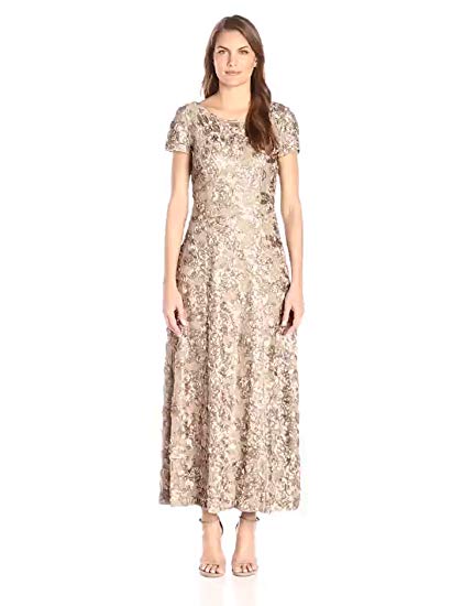 Alex Evenings Women's Long A-line Rosette Dress with Short Sleeves Sequin Detail