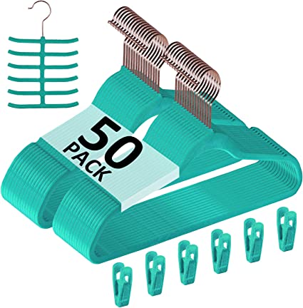 VECELO Premium Velvet Suit Hangers Heavy Duty (50 Pack) - Non Slip & Space-Saving Clothes Hangers with 6 Finger Clips and Tie Rack Excellent for Men and Women (Teal)