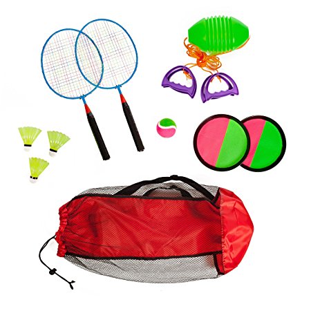 Combo outdoor play set of 3 Hook and Loop catch Speed ball & Badminton in mesh carryon bag