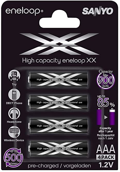 Sanyo eneloop XX High Capacity AAA 4 Pack 900mAh Minimum Ni-MH Pre-Charged Rechargeable Batteries