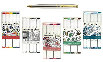 Art Alternatives Coloring - Professional, Alcohol Based, Coloring Markers, 5 Color Sets Ideal for the Johanna Basford Coloring Canvas Range Bundled with a Plexon Rollerball Pen (6-Pack Bundle)