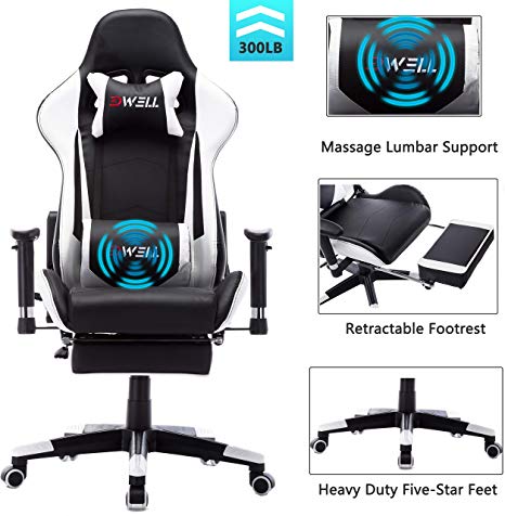 EDWELL Ergonomic Gaming Chair with Headrest,Lumbar Massage Support Racing Style PC Computer Chair, with Retractable Footrest Support Reclining Executive Office Chair (White)