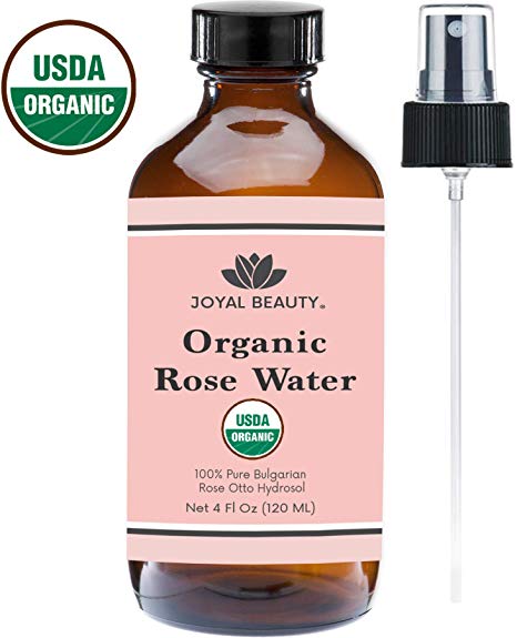 Rose Water USDA Organic Toner Spray for Face Hair Skin by Joyal Beauty. 100% Pure Bulgarian Rose Damascena Steam Distilled. Premium Therapeutic Grade 4oz Glass Bottle