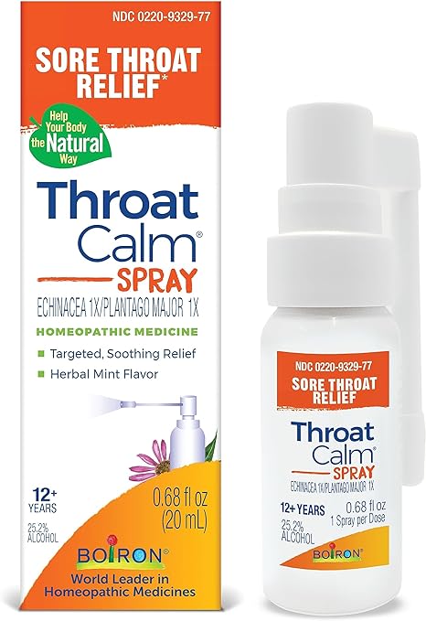 Boiron ThroatCalm Spray for Soothing Sore Throat Relief - Plant-Powered with Echinacea – Natural, Mint-Like Herbal Flavor - Non-Numbing & Benzocaine-Free - .68 Fl Oz