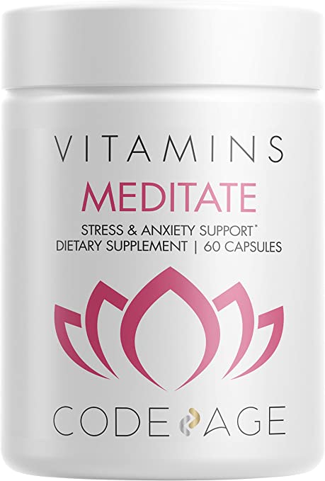 Codeage Meditate Vitamins Brain Supplement – Vegan Vitamins - GABA, DHH-B, NeuroFactor, Ashwagandha for Mind Relaxation and Calmness Support - Herbal Formula – 60 Capsules