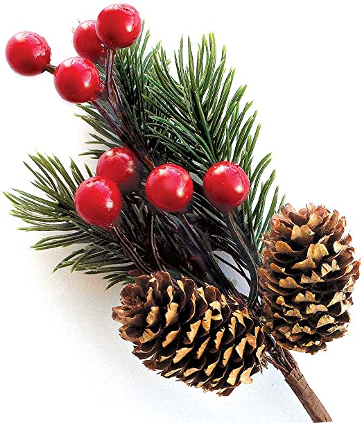 Red Berry Stems Pine Branches Evergreen Berries Décor 8 PCS Artificial Pine Cones Branch for Christmas Craft Wreath Pick & Winter Holiday Floral Picks Holly Stem for Decoration DIY Xmas Crafts