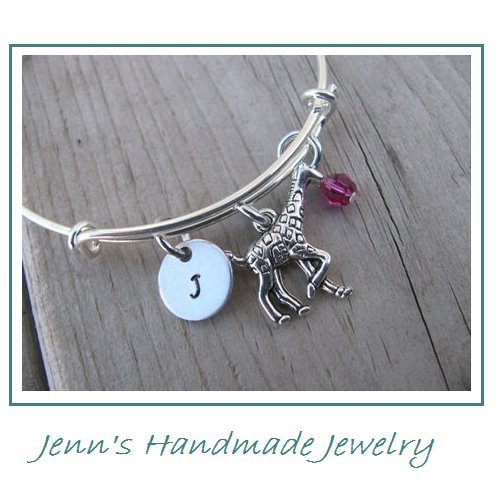 Hand-Stamped Bangle Bracelet Giraffe Charm with your choice of initial, bead and bangle