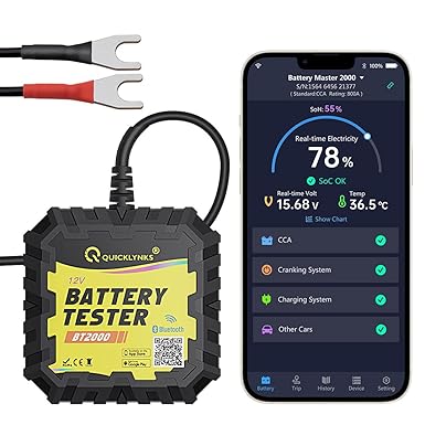 BT2000 Bluetooth Battery Monitor 12V Automotive Battery Load Tester with Cranking & Charging Test & Alarm Function,100-2000 CCA Battery Analyzer for Car Truck ATV SUV Boat on Multi-Battery