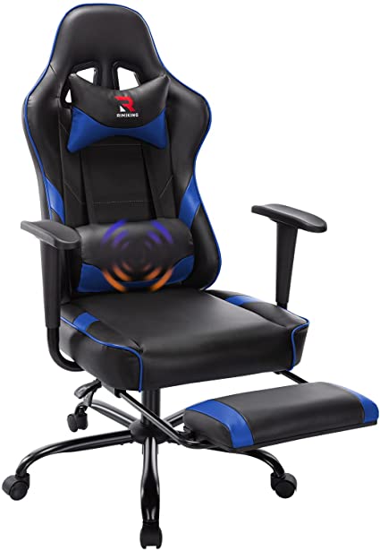 Massage Reclining Gaming Chair - Adjustable Back Angle and Footrest High Back PU Leather E-Sports Racing Gamer PC Computer Desk Swivel Office Chair (Blue/Black)