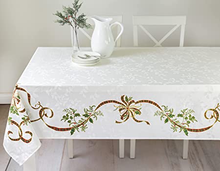 Benson Mills Merry Ribbons Engineered Printed Jacquard Fabric Tablecloth for Christmas, Winter, and Holiday (60" x 104" Rectangular)