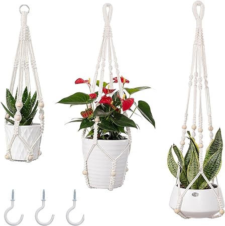 HBlife 3-Pack Macrame Plant Hangers with 3 Hooks Beige Indoor Outdoor Hanging Planters Set Hanging Plant Holder Stand Flower Pots with Beads No Tasselss (Cotton Rope, 4 Legs, 3 Sizes)