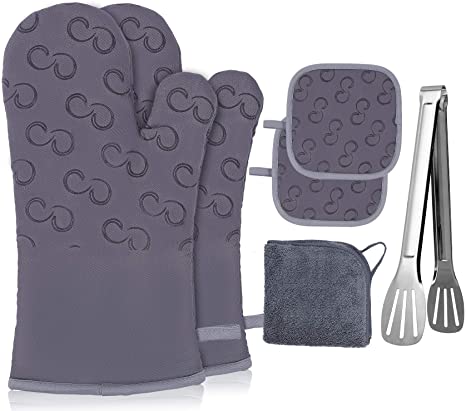 Vplus Oven Mitts and Pot Holders 6pcs Set,Heat Resistant 500 Degree Extra Long potholders and Oven Mitts with Non-Slip Silicone Surface for Baking, Cooking, BBQ (Grey)