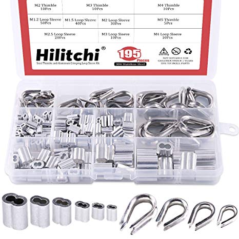 Hilitchi 195-Pcs M2 / 3/4 / 5 304 Stainless Steel Thimble and 6-Size Aluminum Crimping Loop Sleeve Assortment Kit for 1/16" - 3/16" Diameter Wire Rope Cable Thimbles Rigging