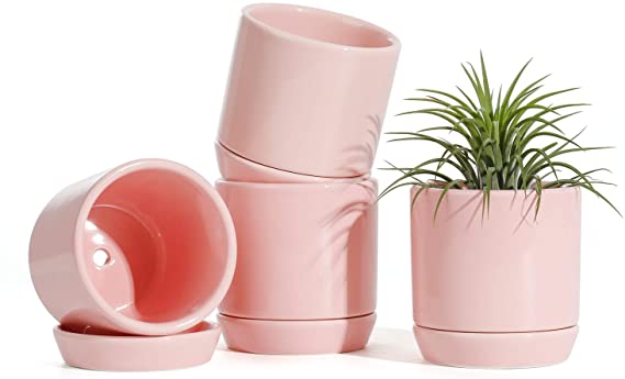 Succulent Planters Pots for Plants Indoor - 3.1 Inch Glazed Ceramic Small Plant Pot with Drainage Hole & Saucer Indoor for Home Decor(POTEY 055307, Set of 4, Plants NOT Included)