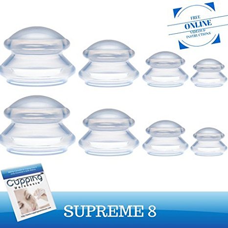 Supreme 8 -Cellulite Reducing, Weightloss Shaping, Pain Relieving, Lymph Draining, Wrinkle Reducing Professional Medical Silicone Cupping Therapy Set w/ Free Online Membership w/ Tutorials & Video's