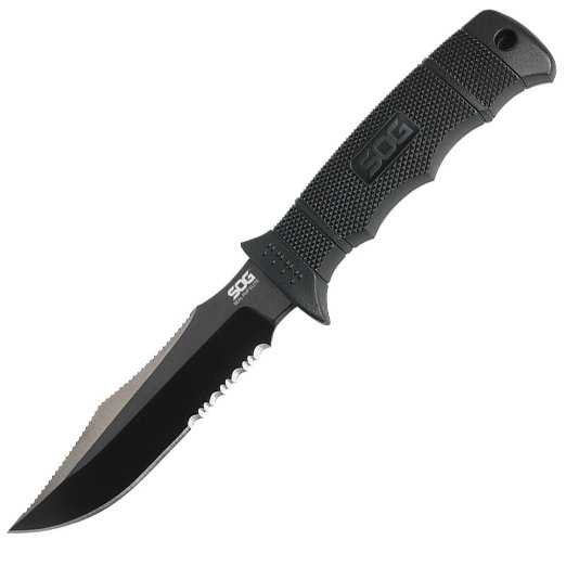 SOG Specialty Knives & Tools E37T-K Seal Pup Elite Knife with Part-Serrated Fixed 4.85-Inch AUS-8 Steel Blade and GRN Handle, Kydex Sheath, Black TiNi