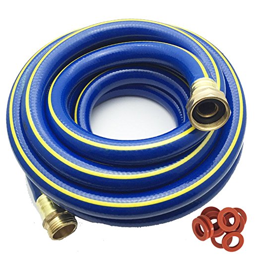 KAPOK Garden Hoses with Brass Fitting Connectors- Varies Sizes and Colors (15-FT, Blue/Yellow)