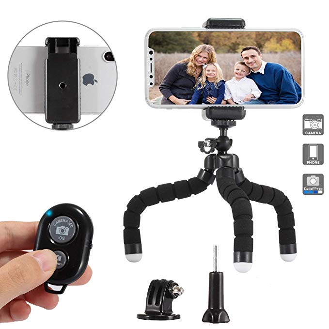 ZOYOL Flexible Phone Tripod with Wireless Remote Shutter and Universal Clip, Adjustable Camera Tripod, Portable Travel Tripod, Mini Tripod Stand Holder for Cell Phone, Smart Phone, Camera, GoPro
