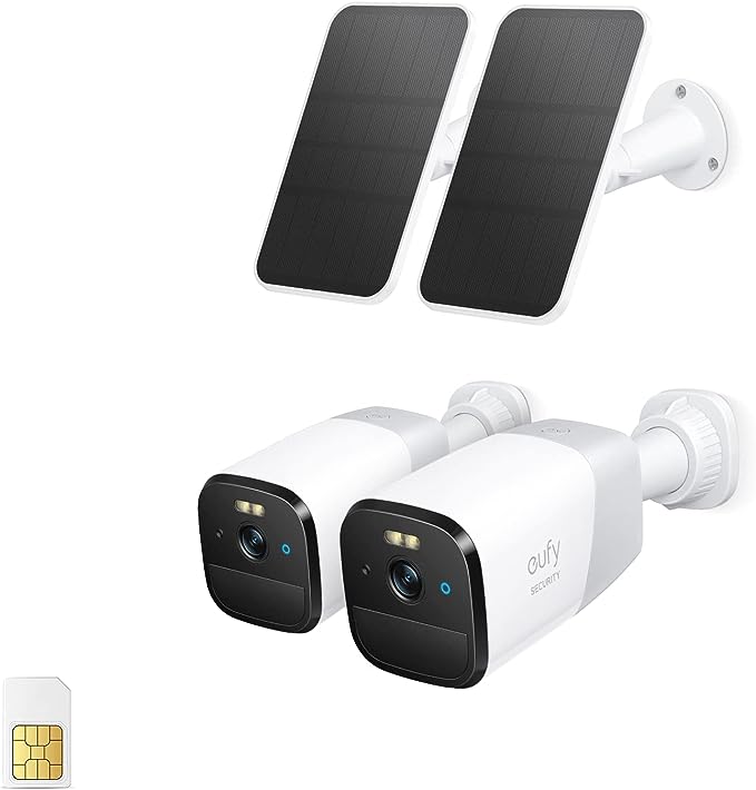 eufy Security 4G LTE Cellular Security Camera Wireless Outdoor, Solar Powered, 2K HD, Starlight Night Vision, Human Detection, GPS. Includes SIM Card and Built-in Local Storage. 2 Pack Bundle.