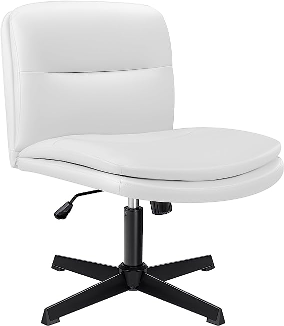 Flamaker Armless Desk Chair No Wheels, PU Leather Cross Legged Wide Seat Padded Home Office Chair, Mid-Back Adjustable Swivel Vanity Task Computer Chair (White)