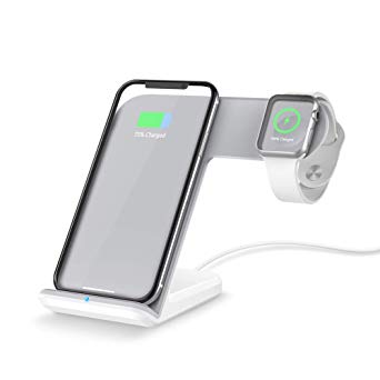 FACEVER 2 in 1 Qi Wireless Charging Station, Portable Dock Fast Charger Holder Stand Compatible iWatch Apple Watch Series 1 2 3, iPhone X XS MAX XR 8 8 Plus, Samsung S9 S8  Qi-Enabled Devices -White
