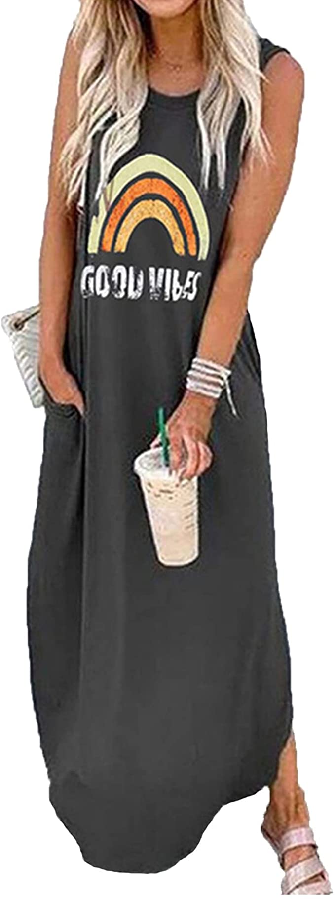 SHOP DORDOR Women's Casual Loose Pocket Long Dresses Short Sleeve Split Maxi Dress