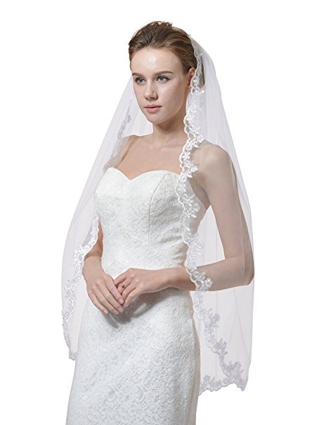SWEETV Lace Edge Bridal Veil Fingertip Length Wedding Veil Accessories w/ Comb