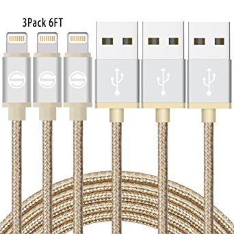 iPhone Cable SGIN,3Pack 6FT Nylon Braided Cord Lightning to USB iPhone Charging Charger for iPhone 7,7 Plus,6S,6 Plus,SE,5S,5,iPad,iPod Nano 7(Gold Silver)